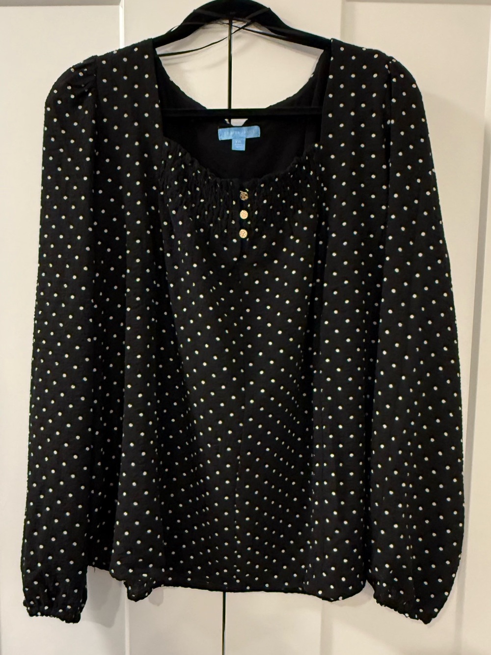 Draper James Square neck Black Blouse with White Polka Dots